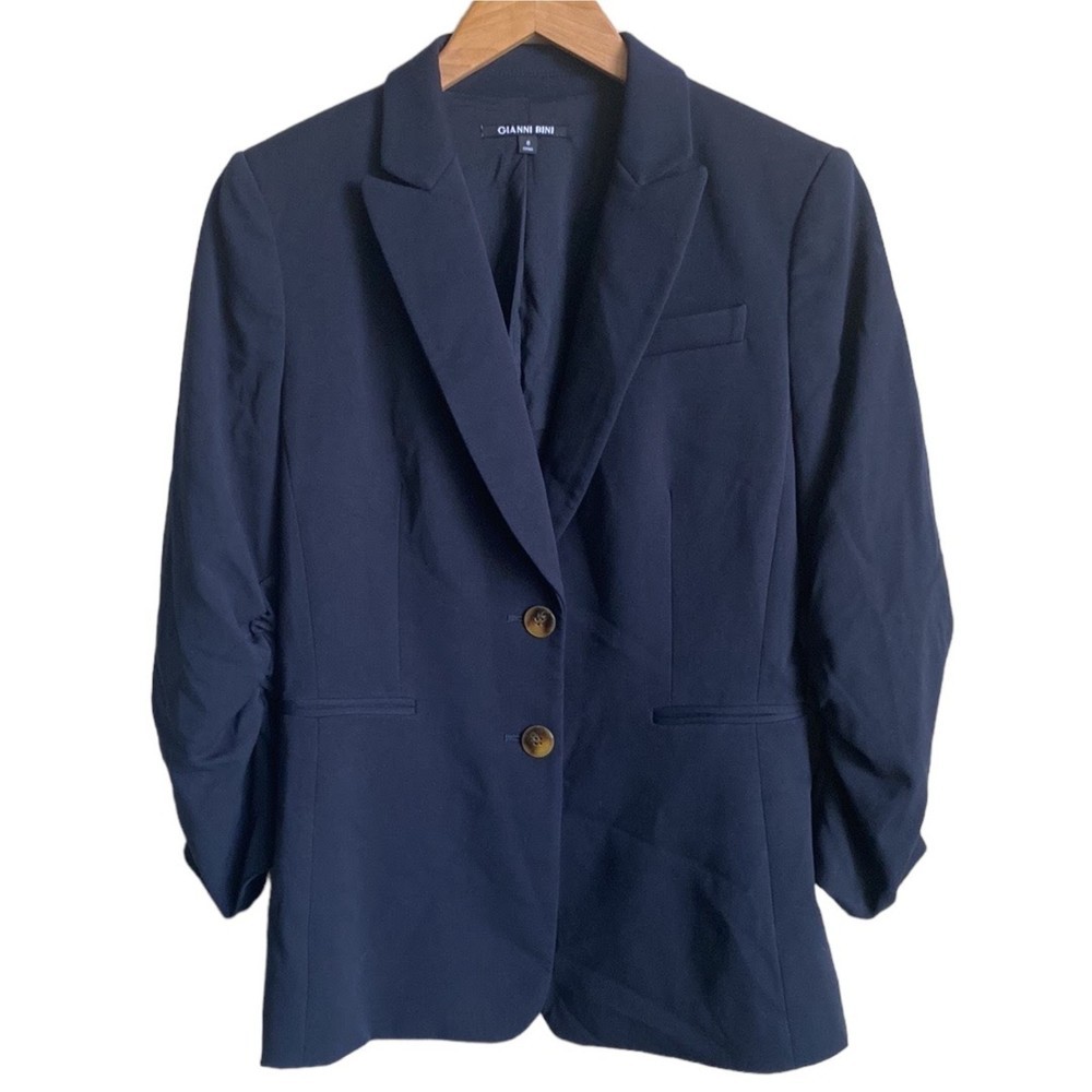 Gianni Bini Navy With Ruched Sleeves Button Front Blazer 8